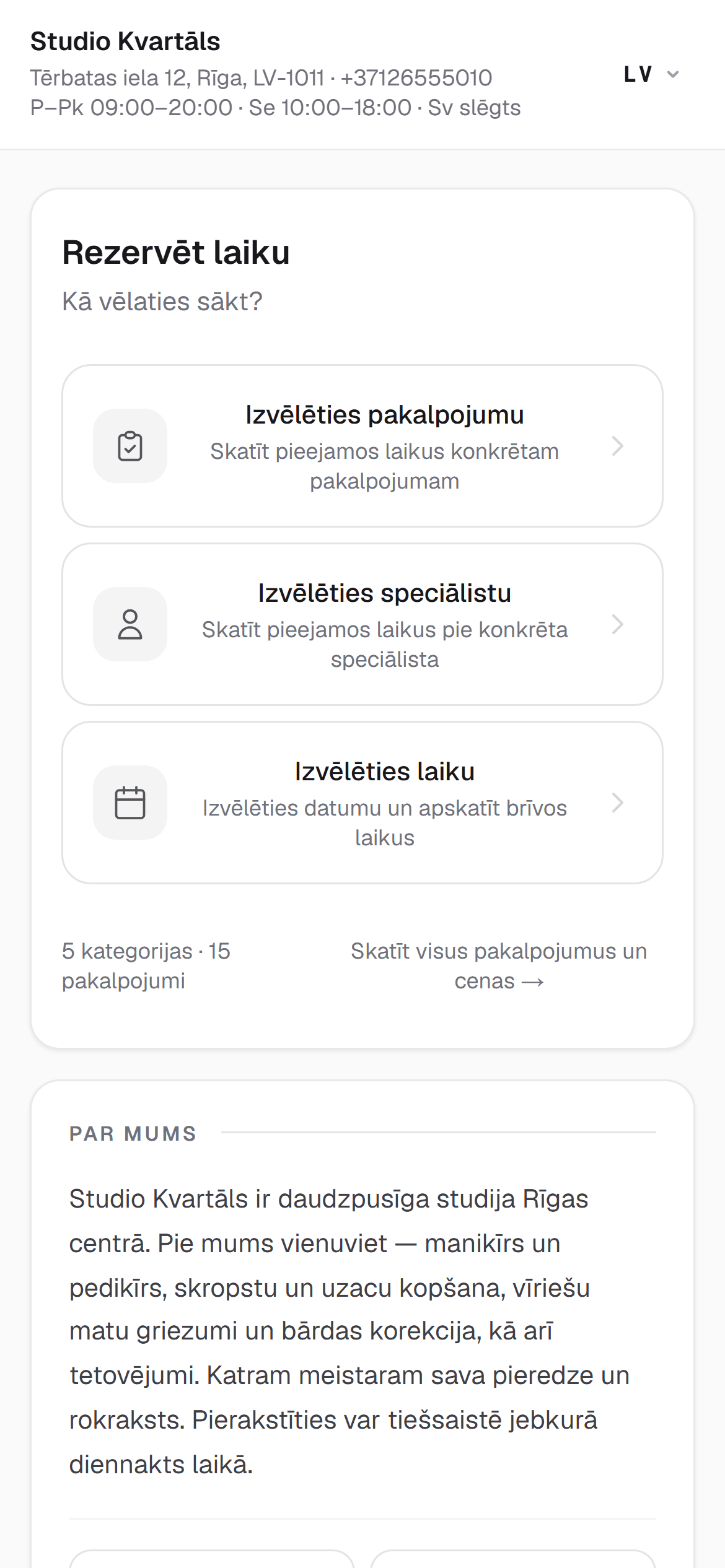 RINDIQ pieraksta lapa telefonā latviešu valodā ar valodas izvēli un trim veidiem, kā sākt pierakstu